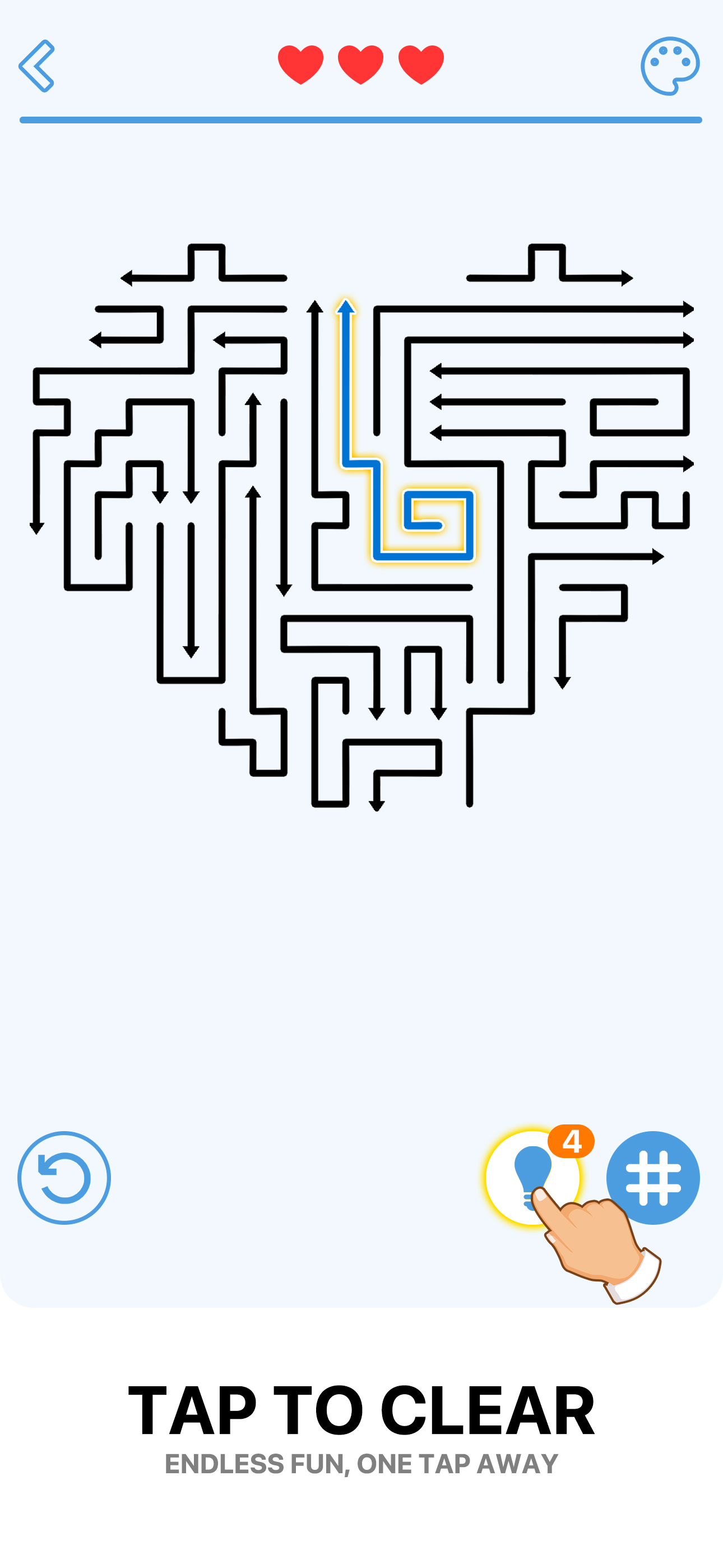Arrows Go screenshot showing a heart-shaped puzzle board