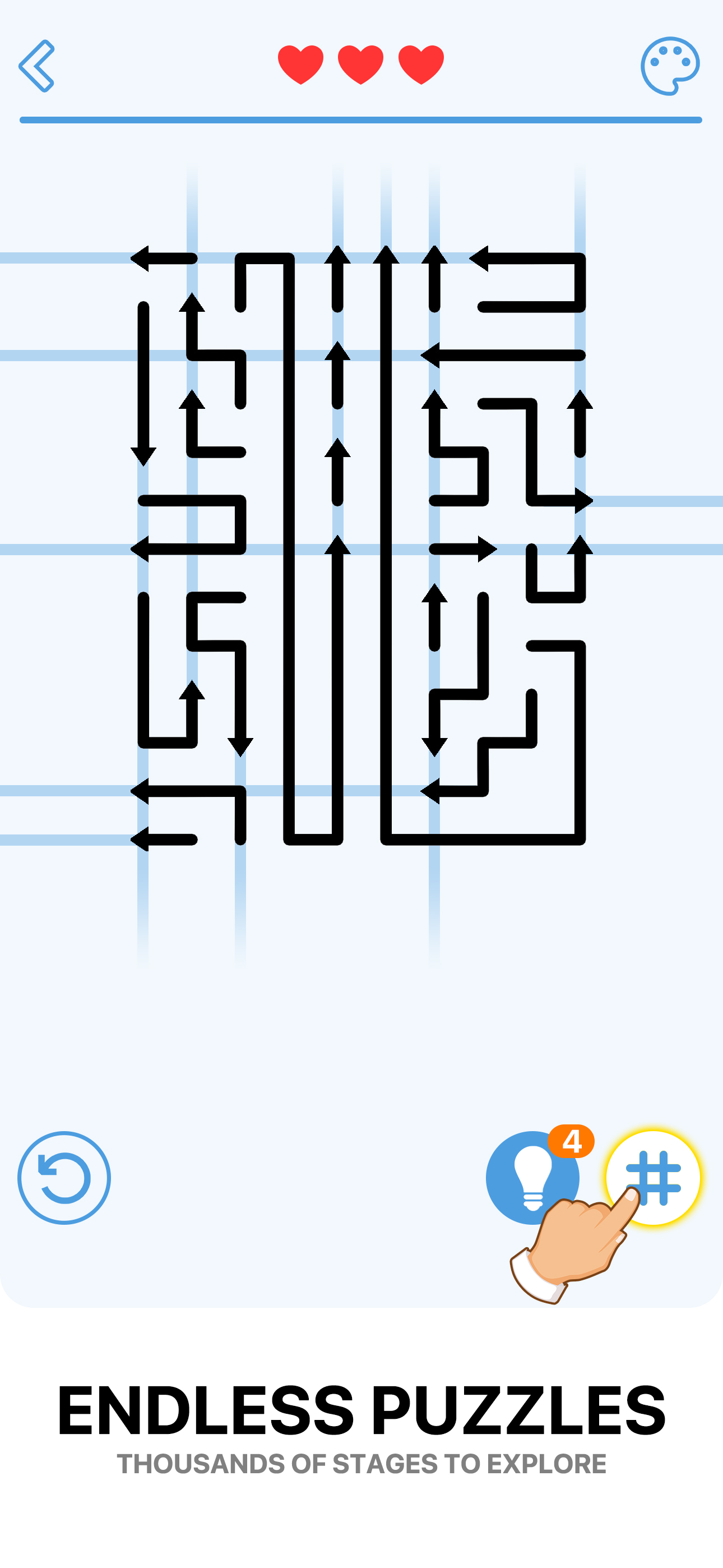 Arrows Go screenshot highlighting a tall puzzle stage