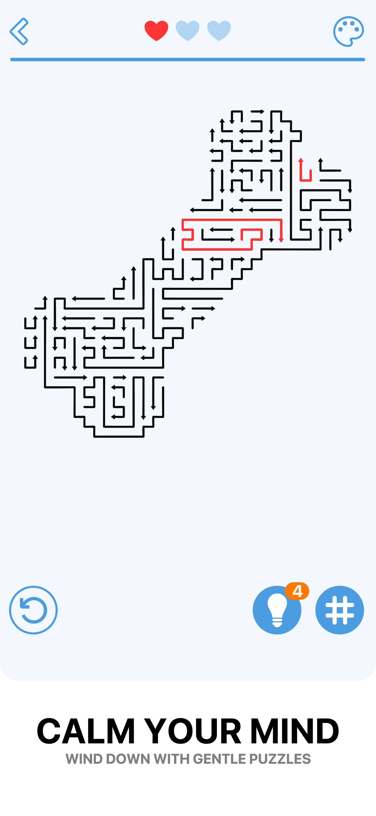 Arrows Go screenshot with a calm abstract puzzle layout